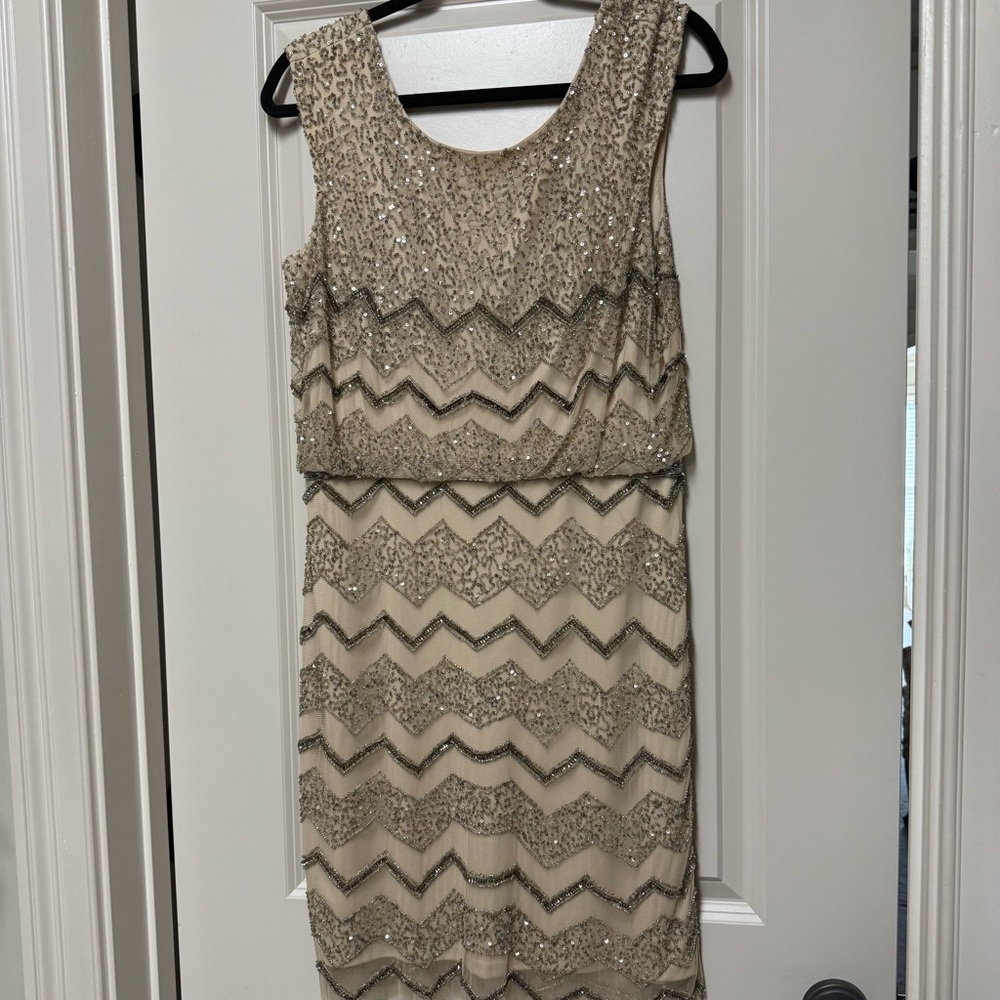 Adrianna Papell Beige Sequin Chevron Dress